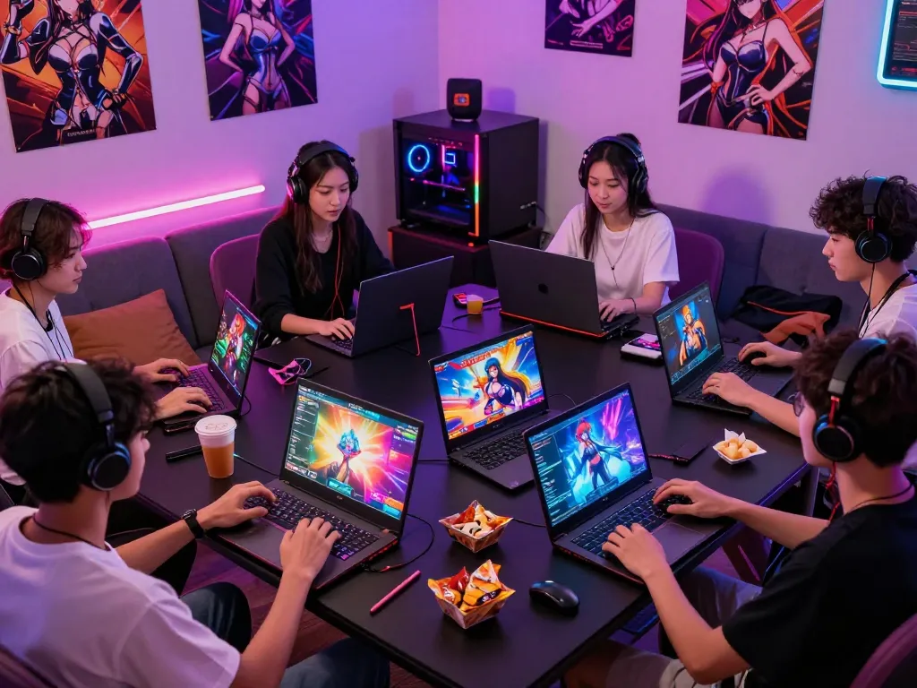 Engaged players enjoying online sex games on various devices in a vibrant gaming room setting.