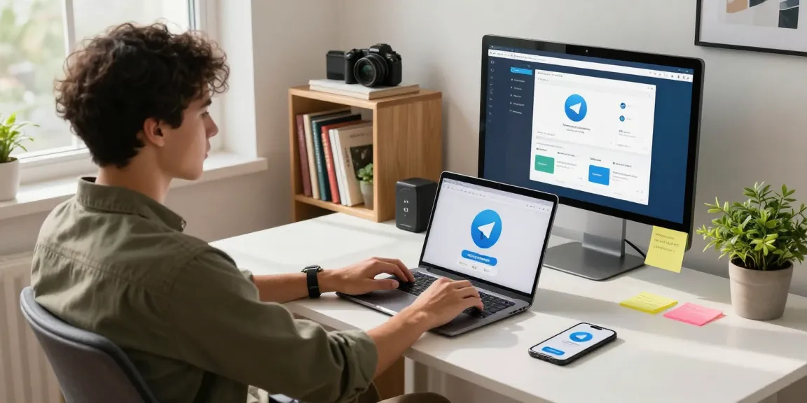 Downloading Telegram app on laptop in a stylish home office setup.