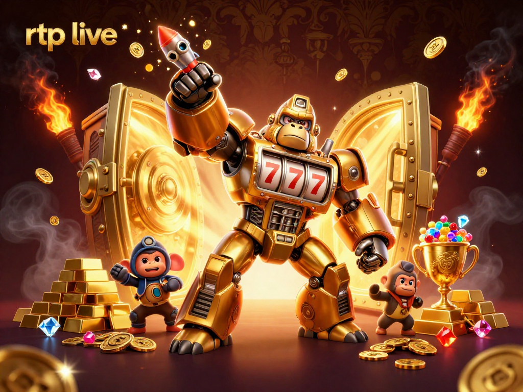Engage with rtp live as the golden gorilla mech bursts with riches in a 3D casino scene.
