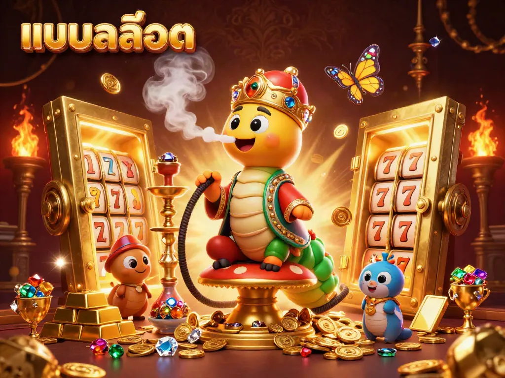 Experience แบบสล็อต with vibrant slot symbols in a rich, dynamic 3D casino scene.