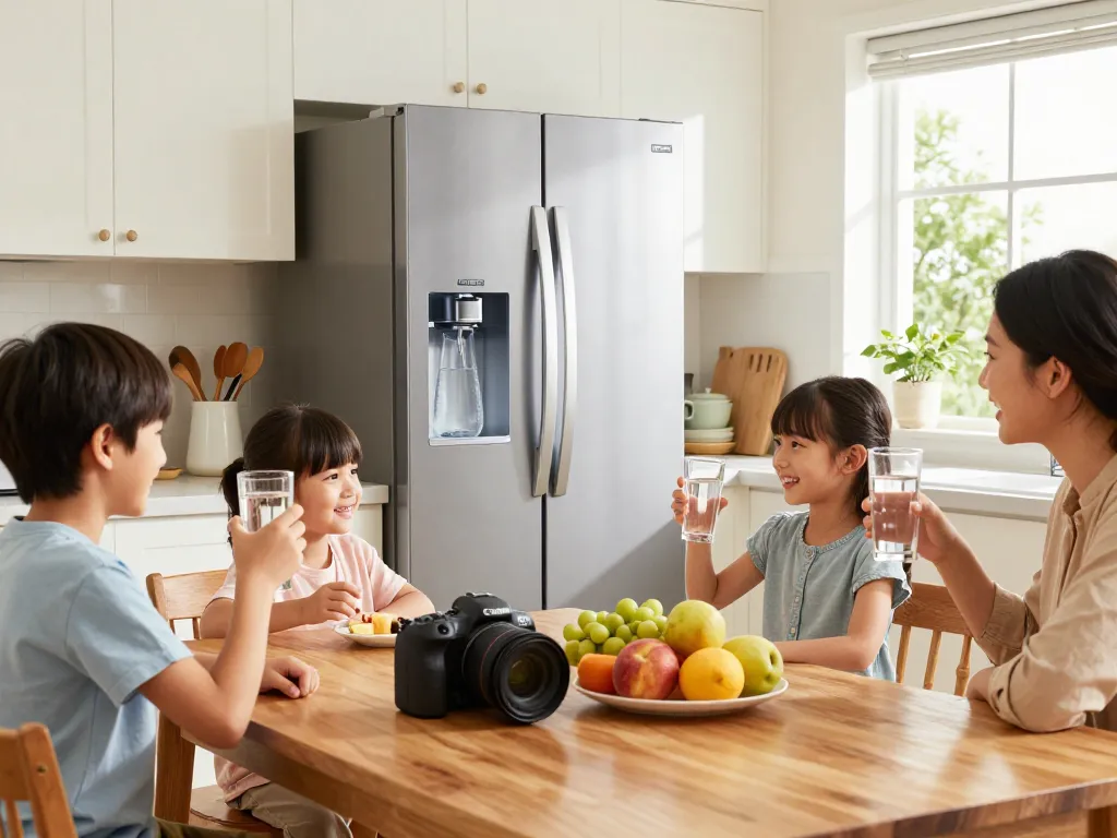 Waterdrop Replacement for Frigidaire® & Electrolux® WF2CB® showcased in a bright kitchen with family enjoying filtered water.