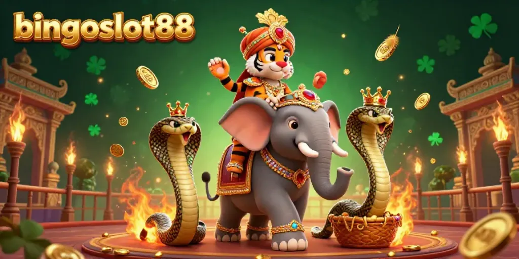Menghadirkan bingoslot88, ilustrasi 3D kartun yang menggambarkan harimau raja India berkendara di atas gajah berhiaskan permata dalam suasana kasino yang meriah.