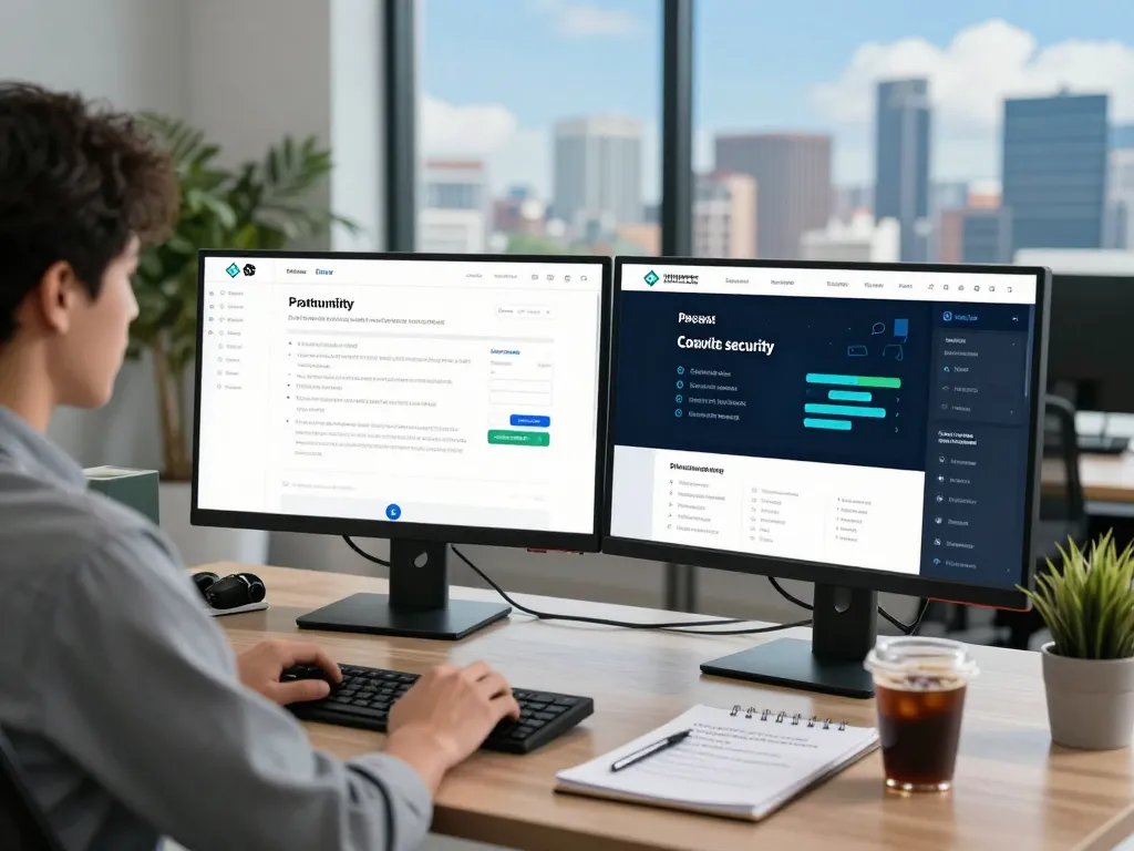 Cybersecurity analyst monitoring threats on https://shs-dome5.com/ using dual screens in a modern office.