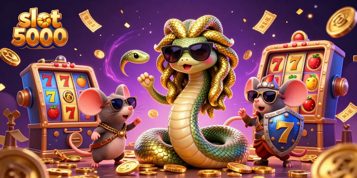 Spin the reels with slot 5000 in this vibrant 3D illustration packed with dynamic casino elements.