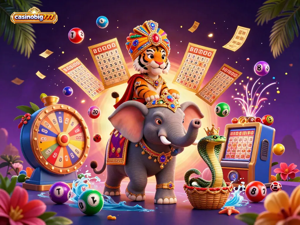 Experience the vibrant excitement of casinobig777 with a maharaja tiger, jewel elephant, and dynamic lottery elements.