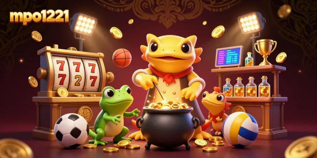Experience winning moments with mpo1221 in a vibrant 3D casino world, featuring magical alchemy.