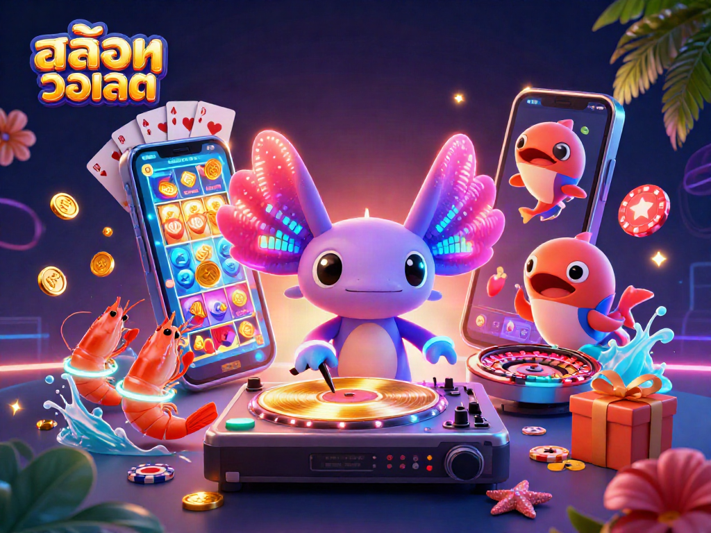 Experience exciting สล็อตวอเลท action with a neon-lit underwater casino scene featuring charismatic characters and vibrant game elements.