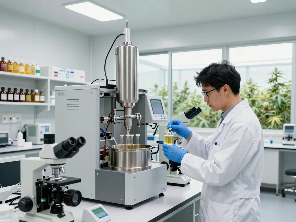 WeeDutch technician analyzing premium cannabinoid distillate in a modern lab setting.