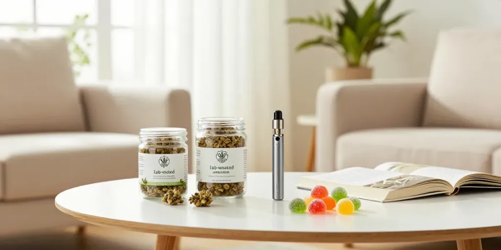 Cozy living room showcasing premium CBD flower UK products like lab-tested hemp buds, a vape pen, and gummies in a warm, inviting atmosphere.