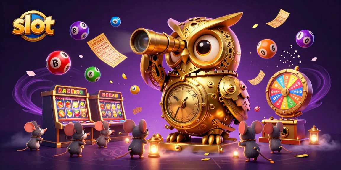 Experience thrilling slots action with a clockwork owl overseeing lively gameplay in a vibrant casino.