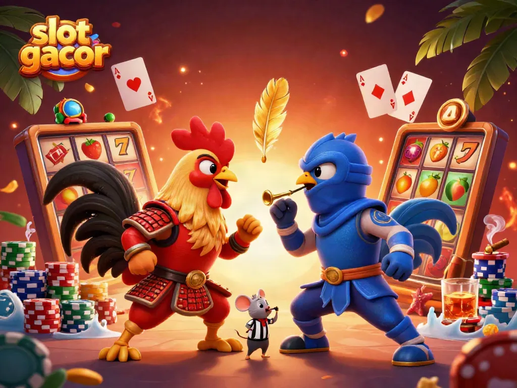 Slot gacor menampilkan ayam jantan bertarung di kasino dengan elemen permainan slot memikat.