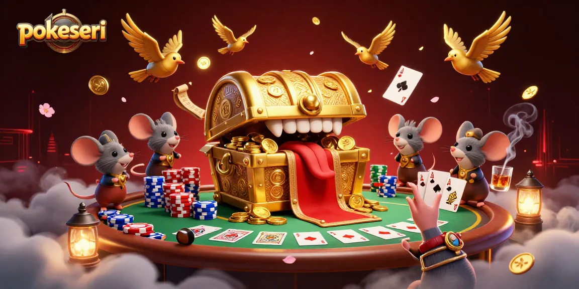 Poker players celebrate their winnings at pokerseri casino amidst sparkling poker chips and a vibrant atmosphere.