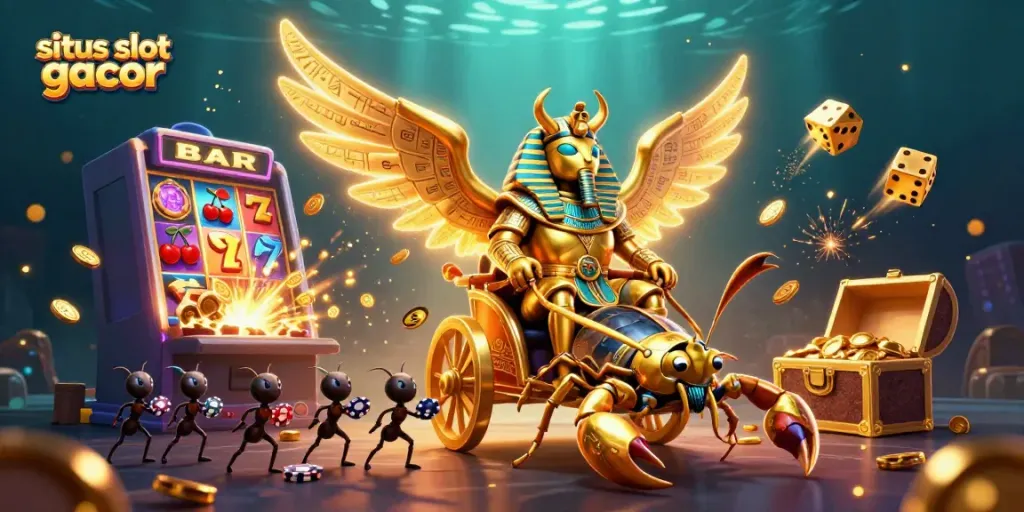 Visualisasi menarik dari situs slot gacor dengan simbol jackpot, karakter 3D, dan elemen kasino