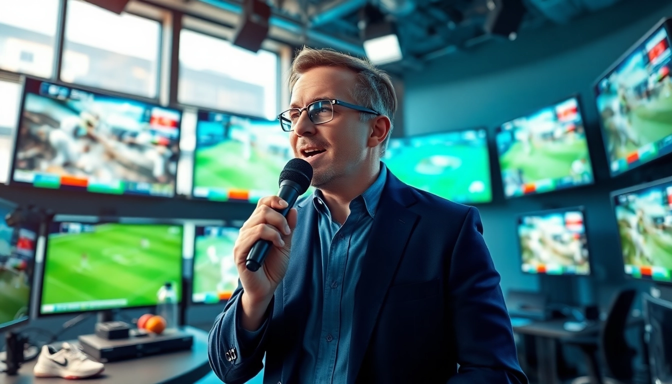 Engaging scene of sports broadcasting with a passionate analyst and high-tech equipment.
