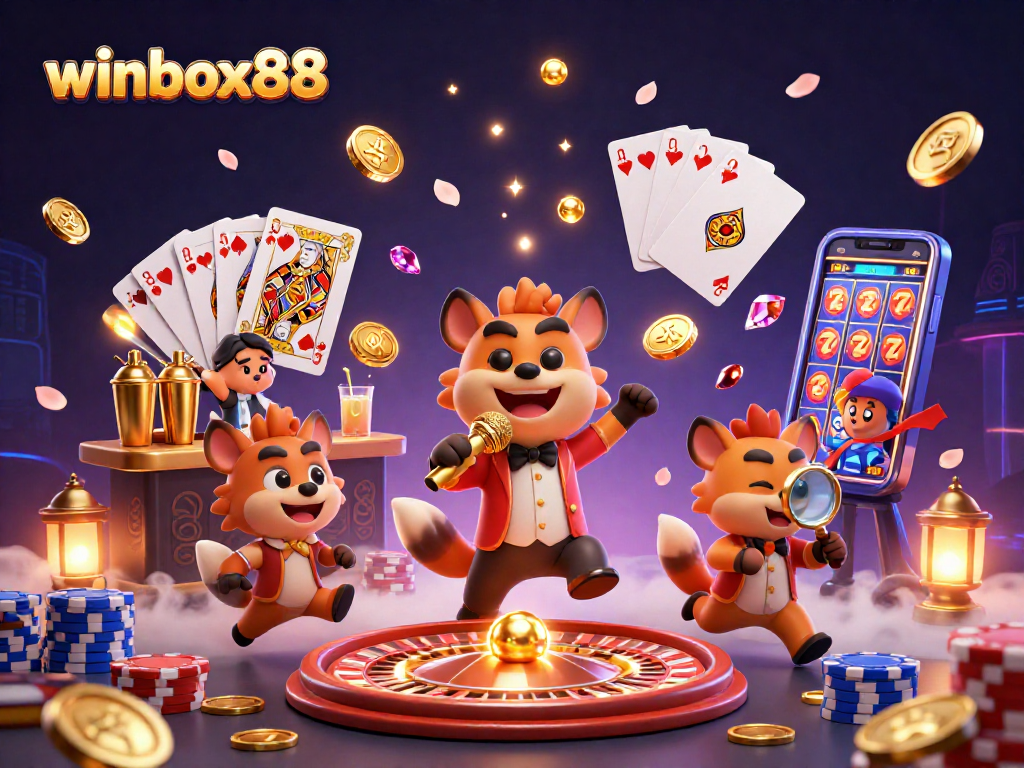 Winbox88 hyenas entertaining at a comedy casino with vibrant games and fun elements.