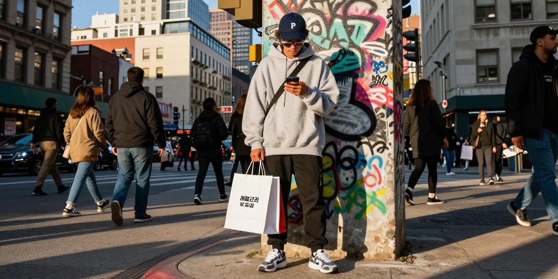Fashionable individual with shopping bags from 레플리카 쇼핑몰 in a vibrant urban setting, showcasing modern street style.