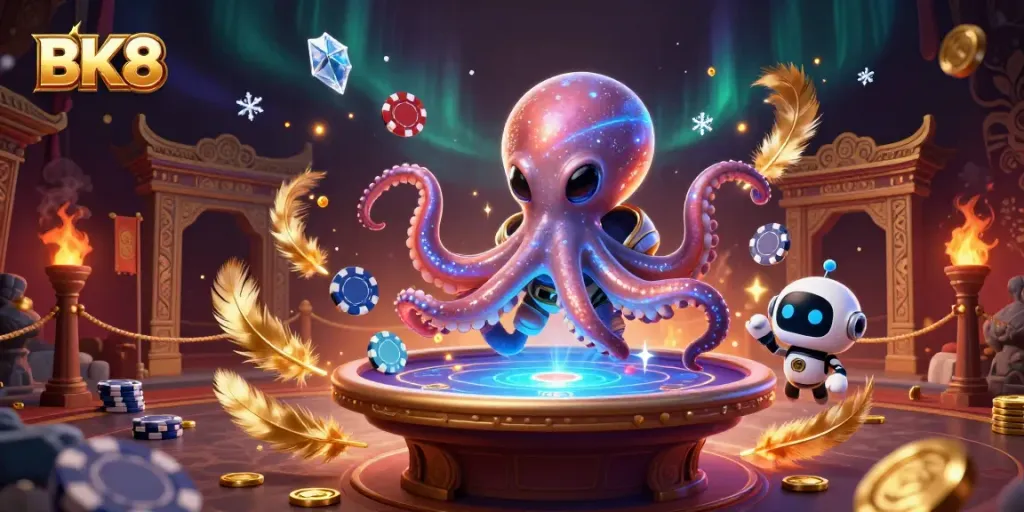 BK8 casino features a vibrant scene of an alien octopus and robot at a holographic poker table surrounded by dynamic casino elements.