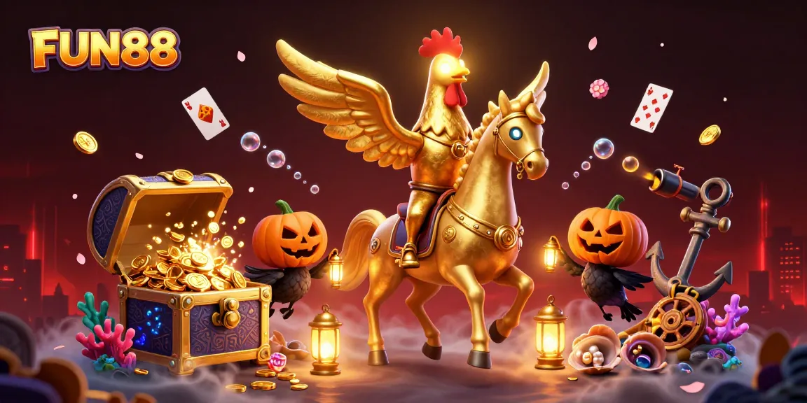 Experience thrilling casino action with FUN88 through golden rooster and companions in a vibrant scene.