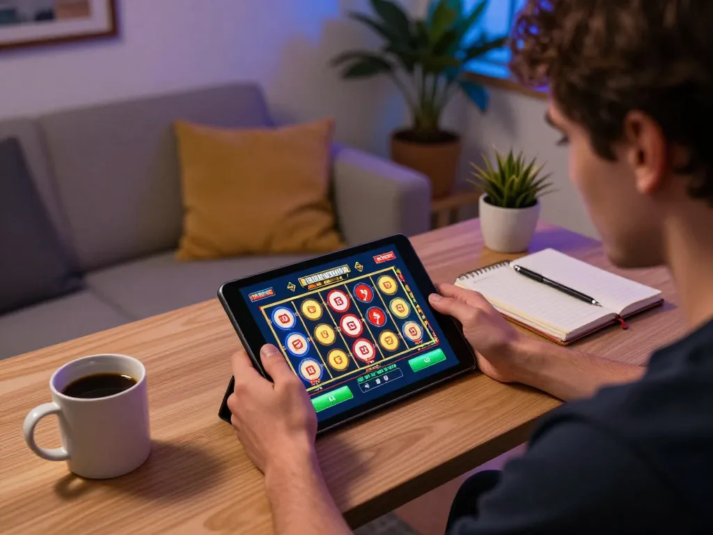 Engaged player on tablet at situs slot gacor enjoying colorful slot game interface