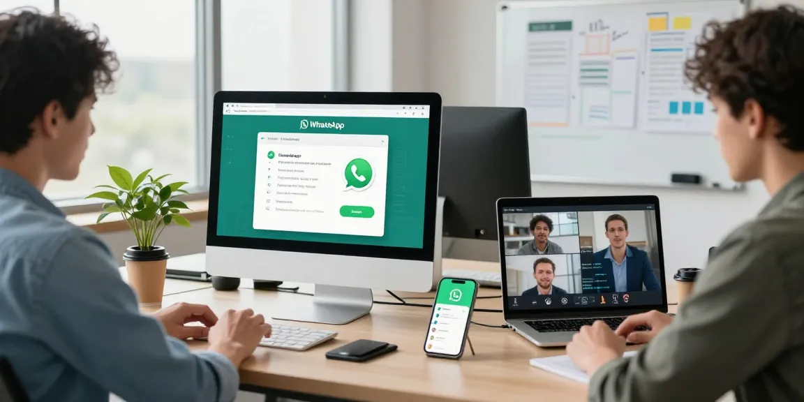 Engaging workspace with WhatsApp電腦版 on desktop, showcasing teamwork and productivity.