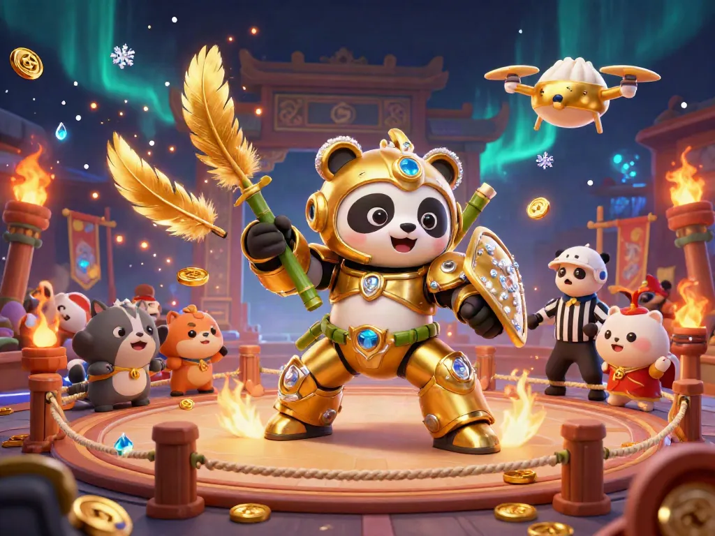 Experience the thrilling atmosphere of a casino with a golden panda mech robot battling in an arena.