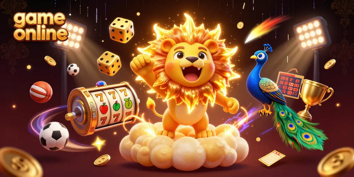 Win big with game online as a cartoon lion and dice illustrate thrilling casino experiences.