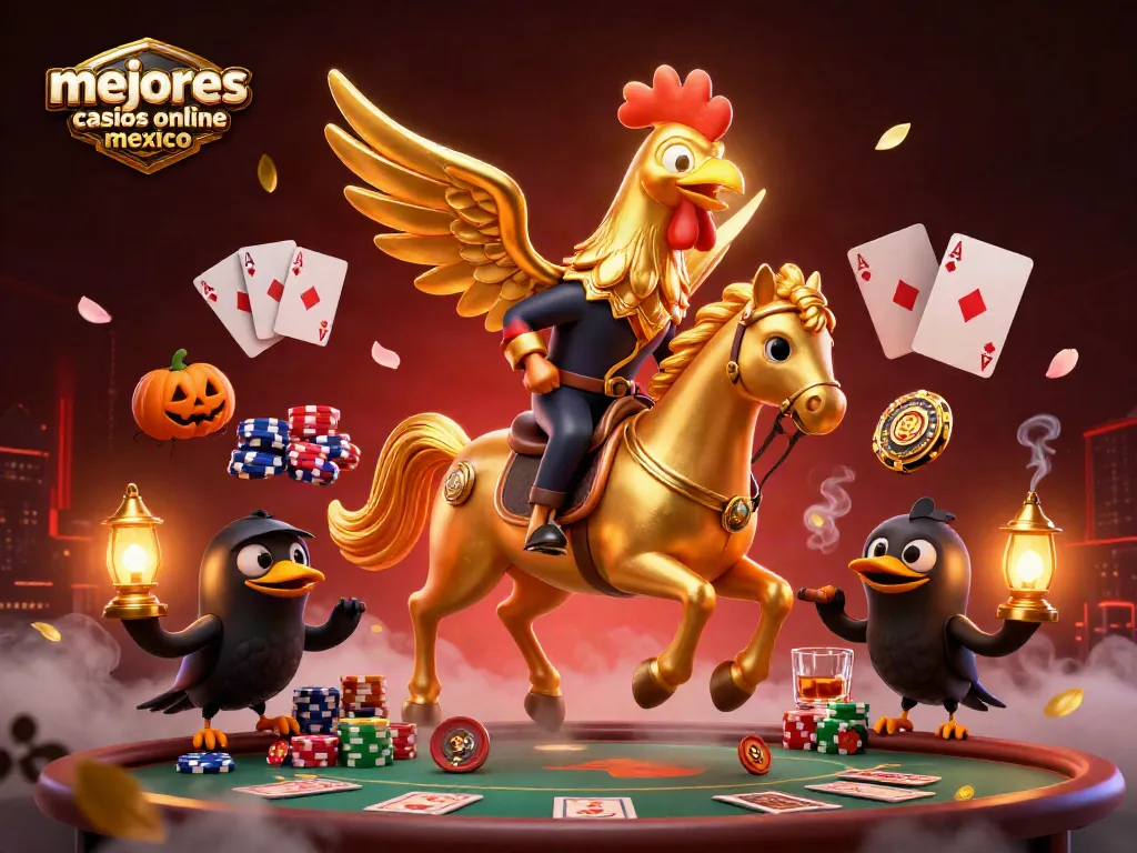 Disfruta de los mejores casinos online en México, jugando en una escena vibrante con símbolos de póker y luces brillantes.