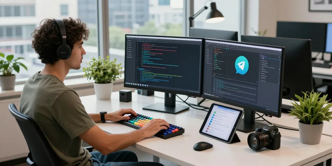 Dynamic workspace showcasing Telegram features and development tools in action on modern monitors.