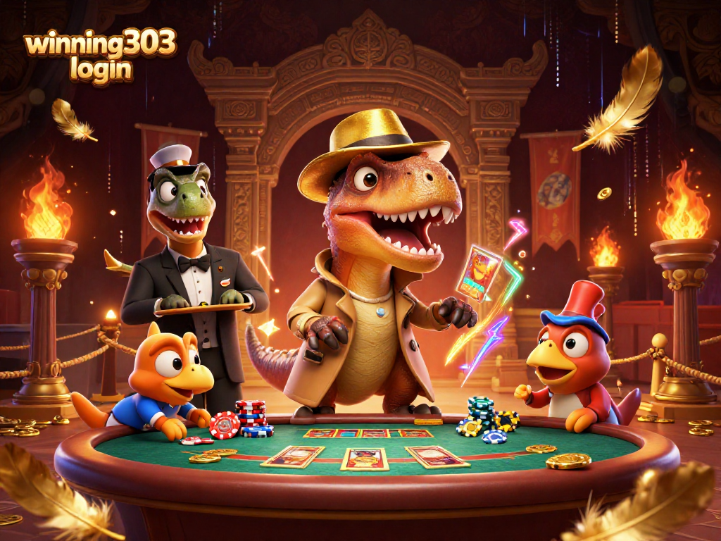 Winning303 login: Observe the crafty velociraptor card counter in action at a vibrant casino.
