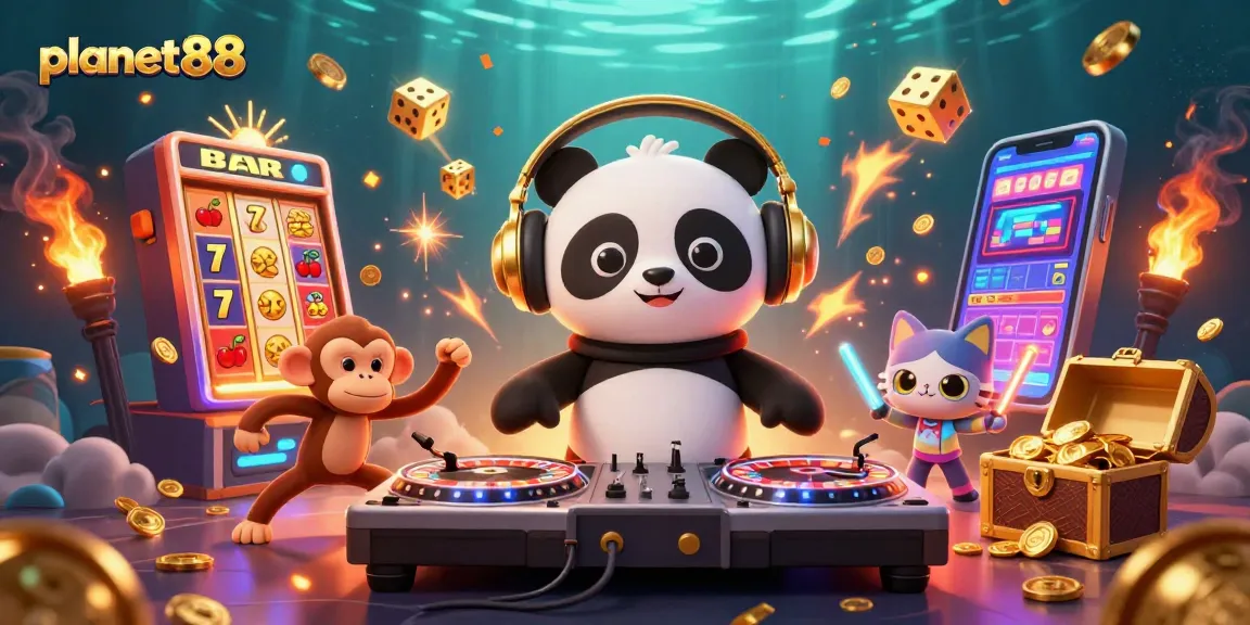 Experience the excitement of planet88 with a vibrant 3D casino DJ scene full of colorful characters and games.