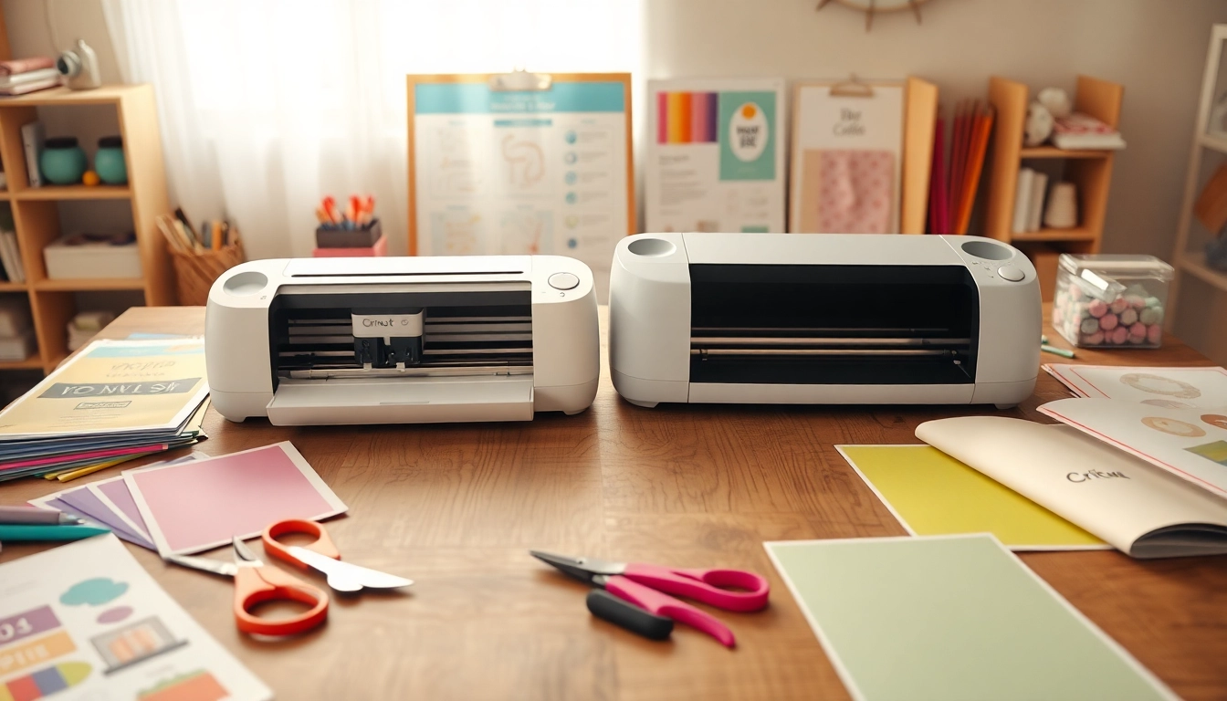 Comparative view of silhouette vs cricut machines in a vibrant crafting workspace.