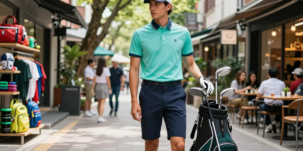 Stylish individual in 골프웨어 레플리카 apparel showcasing trendy urban fashion in a lively shopping district.