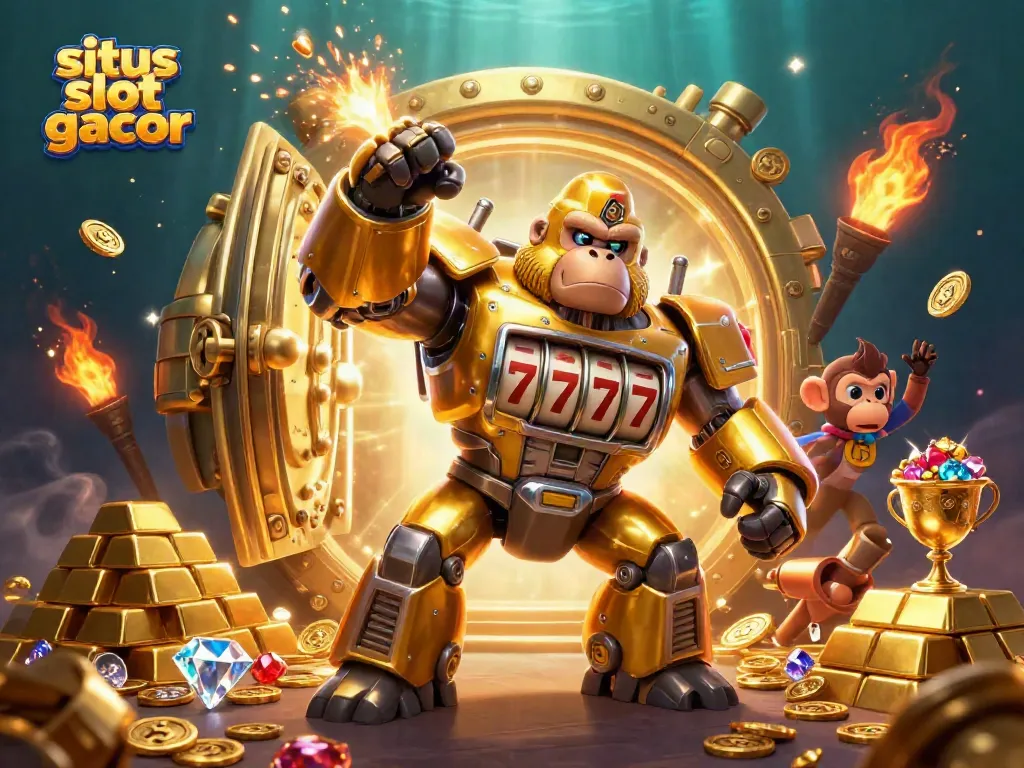Jelajahi situs slot gacor dengan gorila emas 3D dan harta berlimpah dalam ilustrasi yang memukau.