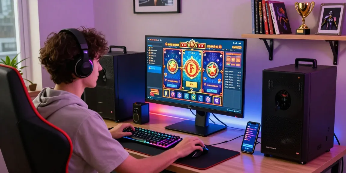 Player enjoying an online slot game with vibrant gaming setup and LED lights.