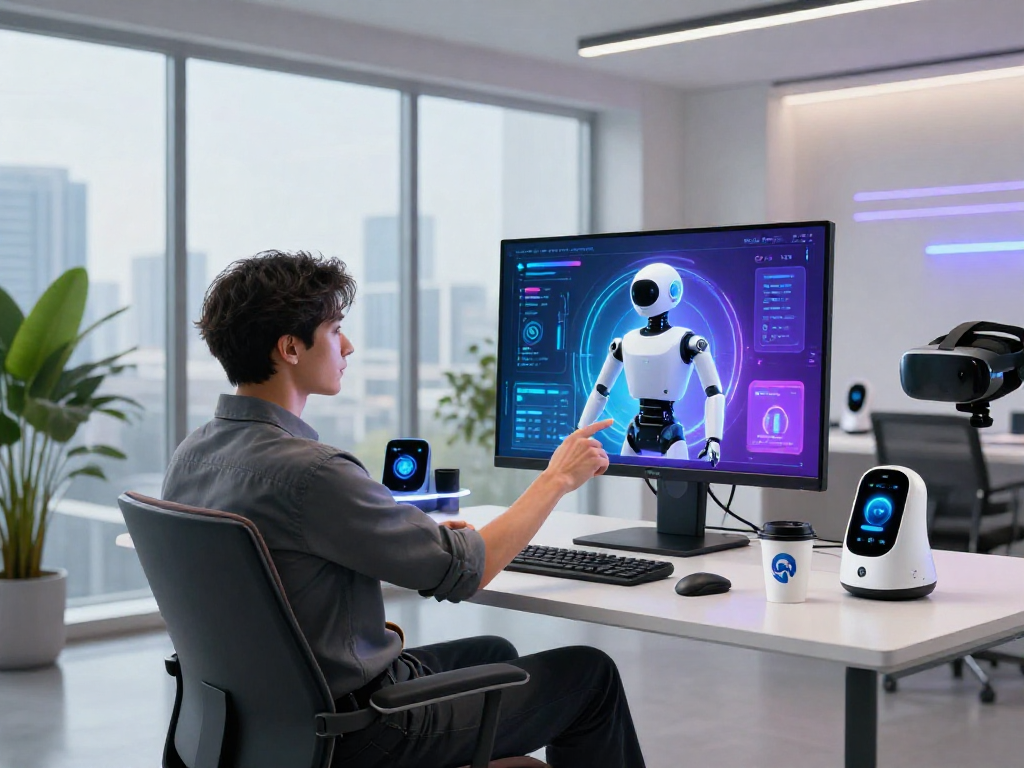 Engaging with a cutting-edge sex bot in a modern tech workspace, showcasing innovation and interaction.