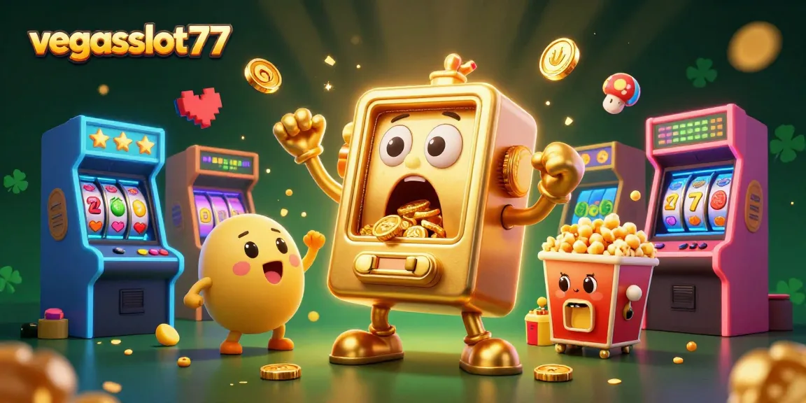 Experience the excitement of vegasslot77 as a golden slot machine hits a jackpot with cheering companions.