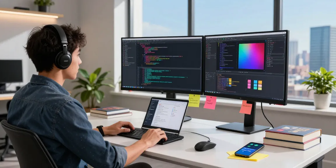Developer coding in a modern workspace featuring telegram官网 integrations with vibrant coding screens and city views.