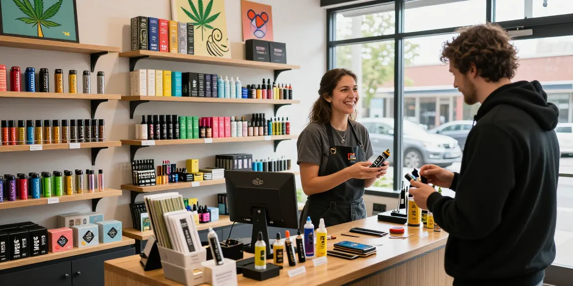 Customer exploring Muha Med cannabis products in a vibrant vape shop.