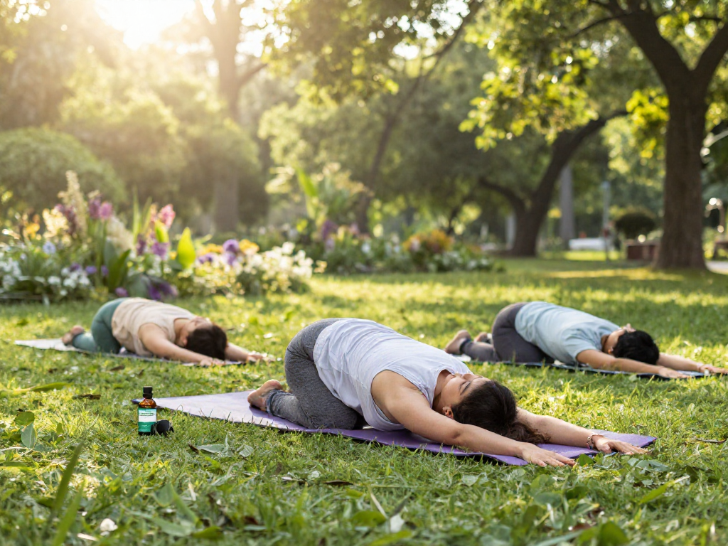 best weed delivery service seen with CBD oil bottle during morning yoga in a tranquil park