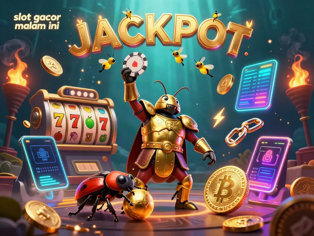 Slot gacor malam ini menampilkan ulat hercules dan teman besi dalam suasana kasino dengan slot dan koin emas.