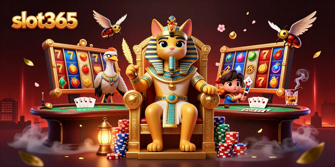 Experience thrilling slot365 action with a 3D Egyptian pharaoh cat in a dynamic casino scene.