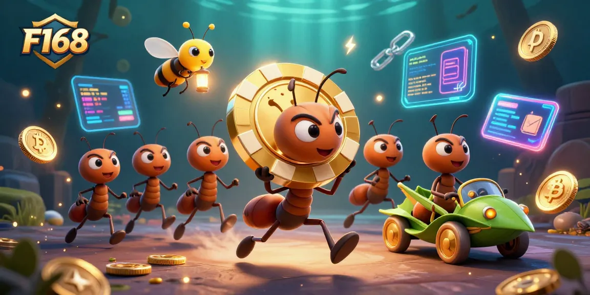 Ants carrying giant poker chip in F168 casino heist, with cryptocurrency elements.
