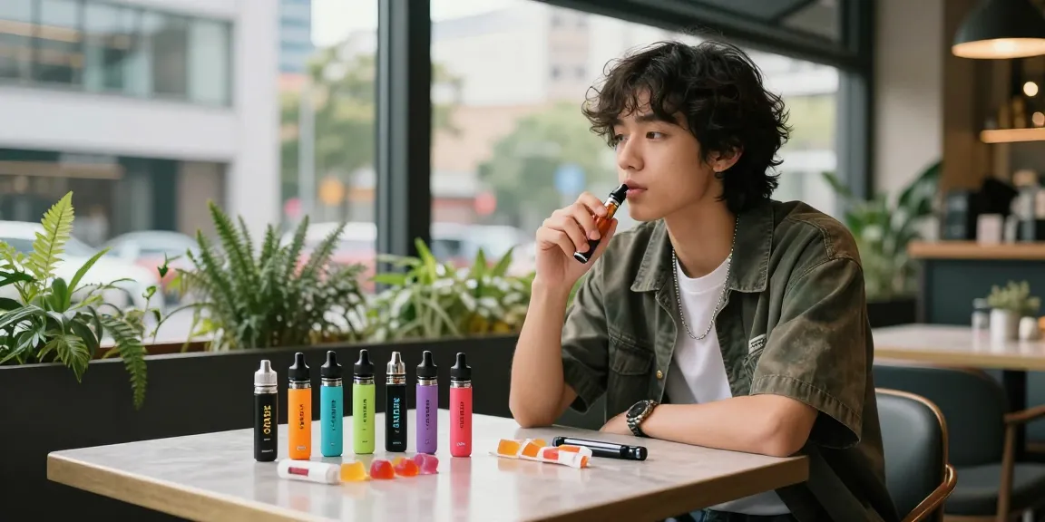 Moderne Stadtatmosphäre mit einer Person, die einen THC Vape genießt und elegante Produkte präsentiert.