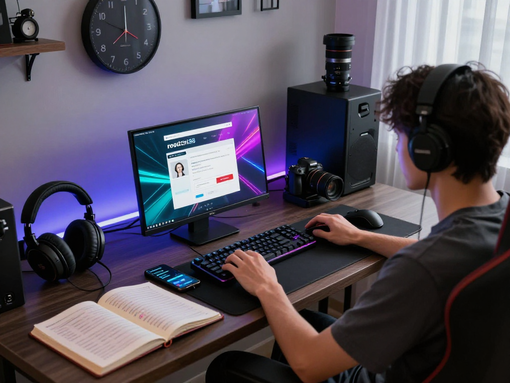 rokok88 login on a user's gaming setup with laptop and accessories