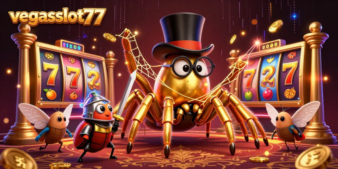 Spin and win at vegasslot77 with exciting 3D slot reels and animated golden tarantula characters.
