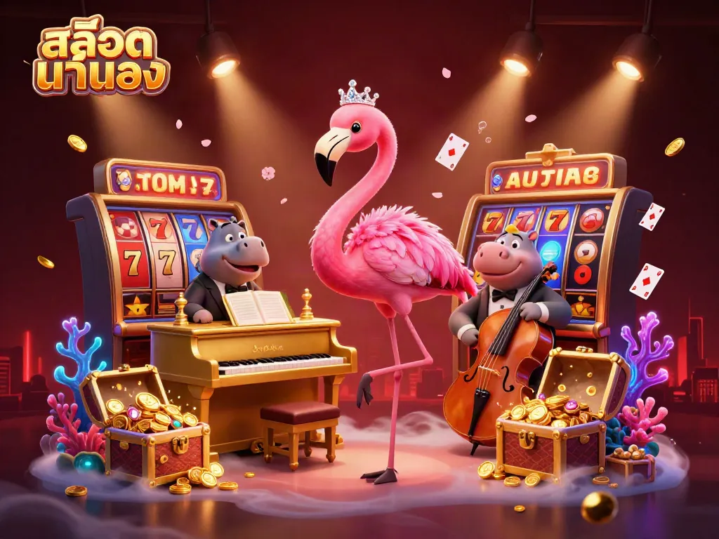 Engaging scene of สล็อตแท้ตรง with a flamingo singer and hippo bassist in a dynamic casino setting.