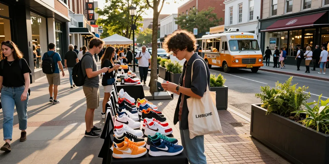 A stylish shopper at https://shs-dome5.com/ exploring vibrant replica sneakers in a lively outdoor market.