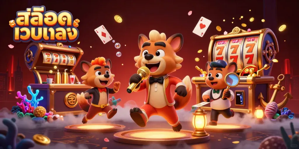 Experience exciting สล็อตเว็บตรง gameplay with hyenas in a vibrant casino scene, featuring slot machines and treasures.