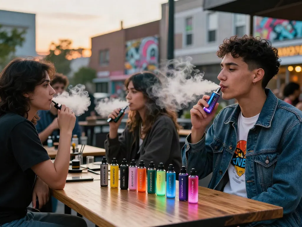 Engaging scene of a young adult enjoying a Geek Next vape with friends in a vibrant urban setting.