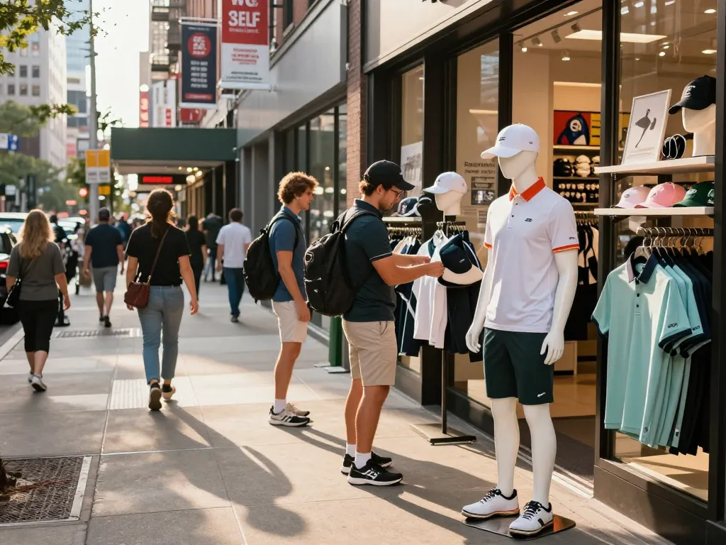 Stylish golfwear replicas showcased in a vibrant urban boutique setting